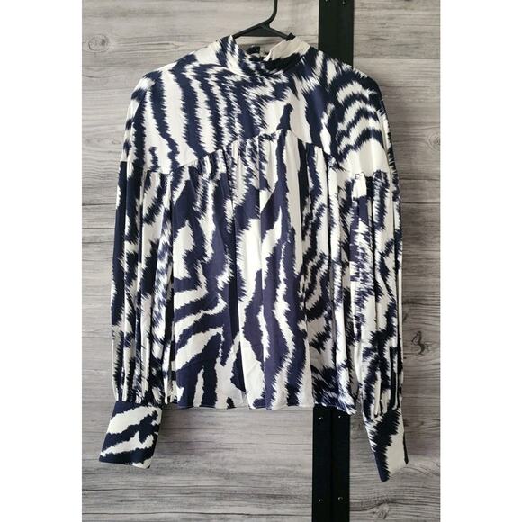 TED BAKER NUURAS BLOUSE HIGH NECK ZEBRA STRIPE IVORY & NAVY BLUE SIZE 1 - Picture 2 of 7